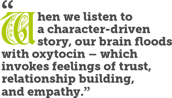 When we listen to a character-driven story, our brain floods with oxytocin – which invokes feelings of trust, relationship building, and empathy.