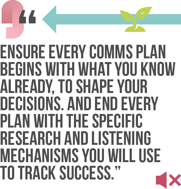 Ensure every comms plan begins with what you know already, to shape your decisions. And end every plan with the specific research and listening mechanisms you will use to track success