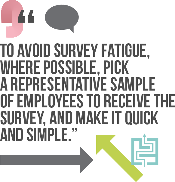 To avoid survey fatigue, where possible, pick a representative sample of employees to receive the survey, and make it quick and simple