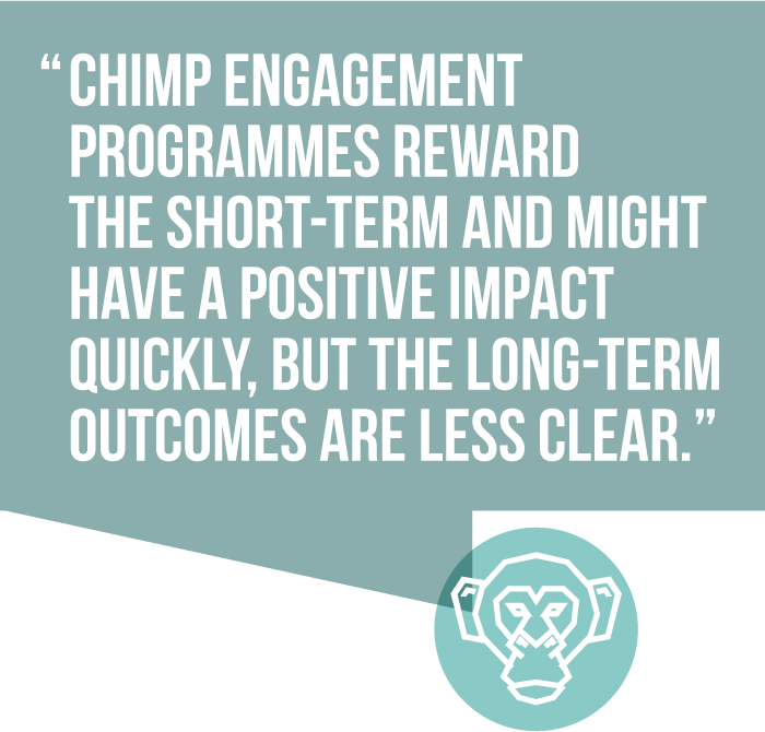 Chimp engagement programmes reward the short-term and might have a positive impact quickly, but the long-term effects outcomes are less clear