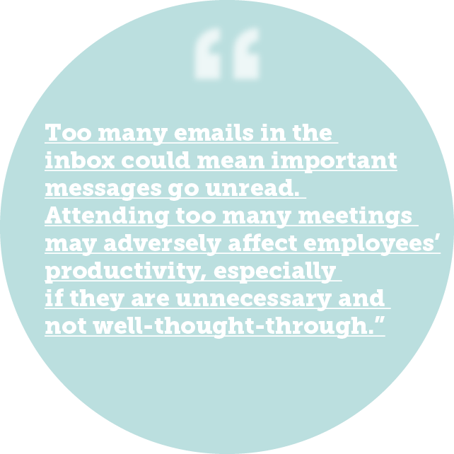Too many emails in the inbox could mean important messages go unread. Attending too many meetings may adversely affect employees’ productivity, especially if they are unnecessary and not well-thought-through