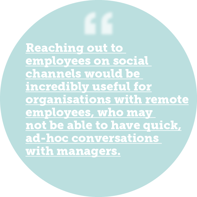 Reaching out to employees on social channels would be incredibly useful for organisations with remote employees, who may not be able to have quick, ad-hoc conversations with managers