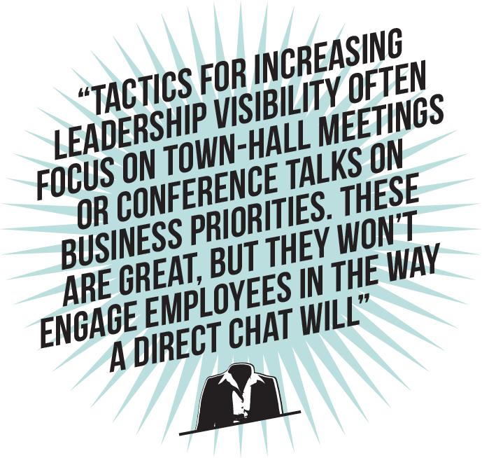 Tactics for increasing leadership visibility often focus on town-hall meetings or conference talks on business priorities. These are great, but they won’t engage employees in the way a direct chat will
