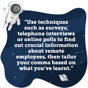 Use techniques such as surveys, telephone interviews or online polls to find out crucial information about remote employees, then tailor your comms based on what you’ve learnt
