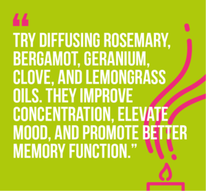10 workplace wellness practices that will boost your happiness and well-being: 3) Try diffusing rosemary, bergamot, geranium, clove, and lemongrass oils. They improve concentration, elevate mood, and promote better memory function